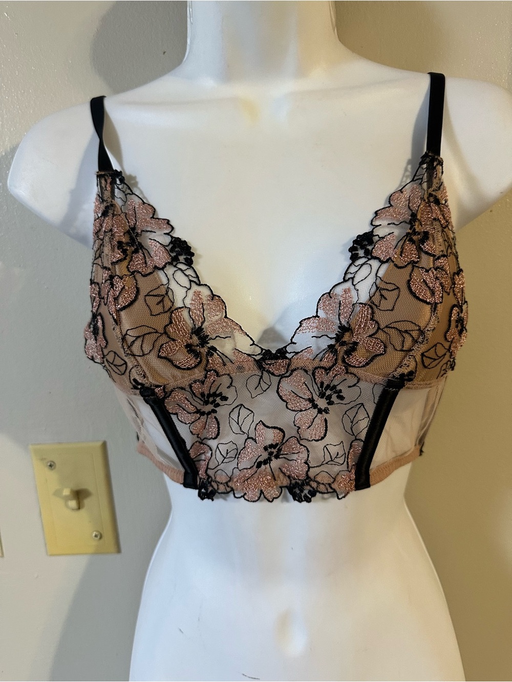 Victoria's Secret Pink Floral Lace Bralette with Black Trim